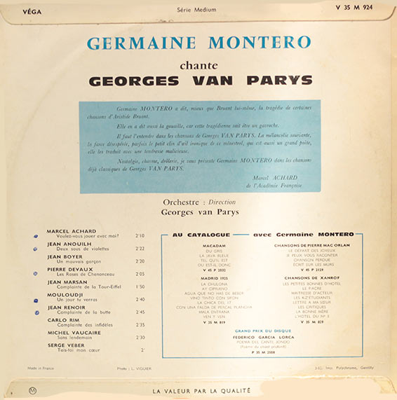 Germaine Montero chante Gorges van Parys, LP 33 tours, 25cm, Véga 1962.