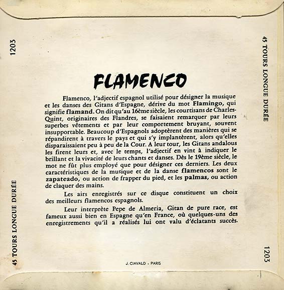 Pepe de Almeria, Flamenco, Symphonium 1203, Vinyl, 7", 45 RPM, 1957.