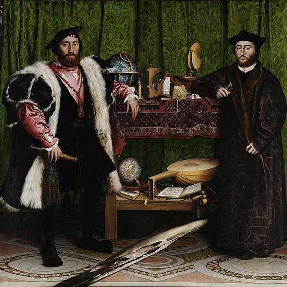 Les Ambassadeurs : Jean de Dinteville (1504-1555/57) bailli de Troyes, ambassadeur, et Georges de Selve (1509-1541), diplomate, par Hans Holbein le Jeune, 1533.