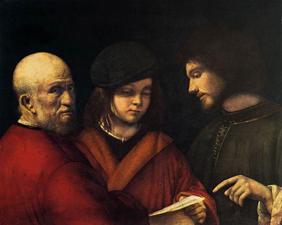 Giorgione (Giorgio Barbarelli ou da Castelfranco), Les trois âges de l'homme (vers 1500), palais Pitti, Florence. Le personnage de droite serait Philipps Verdelot.
