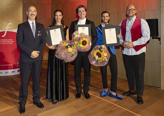 Alessandro De Marchi, Chelsea Marilyn Zurflüh, Laurence Kilsby, Nicolò Balducci, Sebastian Schwarz. Photographie © Innsbrucker Festwochen der Alten Musik.