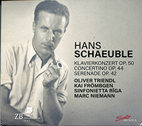 Hans Schaeuble, Klavierkonzert opus 50, Concertino opus 44, Serenade opus 42, Olivier Triendel (piano), Kai Frömbgen (hautbois), Sinfonietta Riga, sous la direction de Marc Niemann. Solo musica 2024 (SM 451). Enregistré dans l'église réformée de Riga, les 4-6 octobre 2023. 