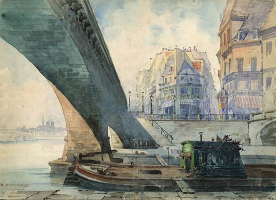 Il Tabarro, esquisse du décor, aquarelle d'Antonio Rovescalli. 1922.