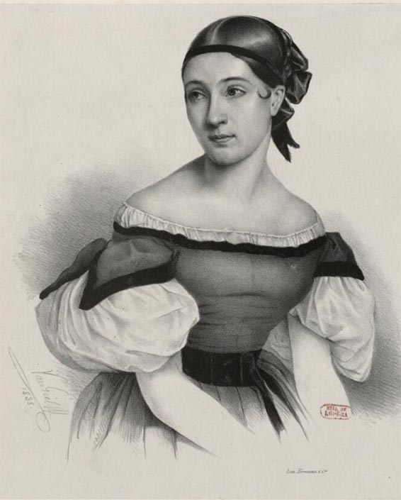 Emma Albertazzi (Emma Towson) dans le rôle de la Cenerentola, lithographie de Van Gielff, 1835. (1814-1847). 