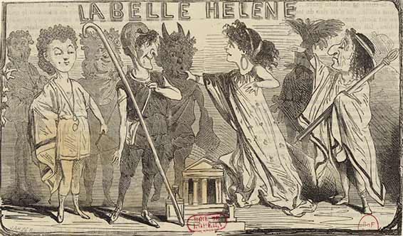 La Belle Hélène, dessin d'Henri-Alfred Darjou, Revue humoristique des théâtres, avril 1865.