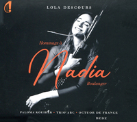 Lola Descours (basson), Hommage à Nadia Boulanger, avec Paloma Kouider (piano), Trio ABC, Octuor de France, œuvres d'Igor Stravinski, Astor Piazzolla, Aaron Copland, Camille Saint-Saëns, Nadia Boulanger, Vladimlir Cosma, Lili Boulanger, Francis Poulenc, Gabriel Fauré, Michel Legrand, Philipp Glass, Jean Françaix, Leonard Berstein. Indésens-Calliope 2024 (IC 039). Enregistré les 25-56 avril et 19 octobre 2023, Studio de Meudon.