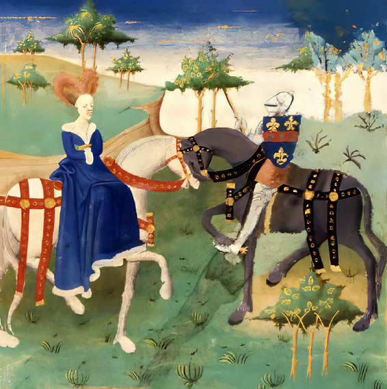 Tristan, et Iseult. Illustration de Tristan en prose, attribué à Maître de Charles du Maine, manuscrit 0527, bibliothèque municipale de Dijon, vers 1450-1460.