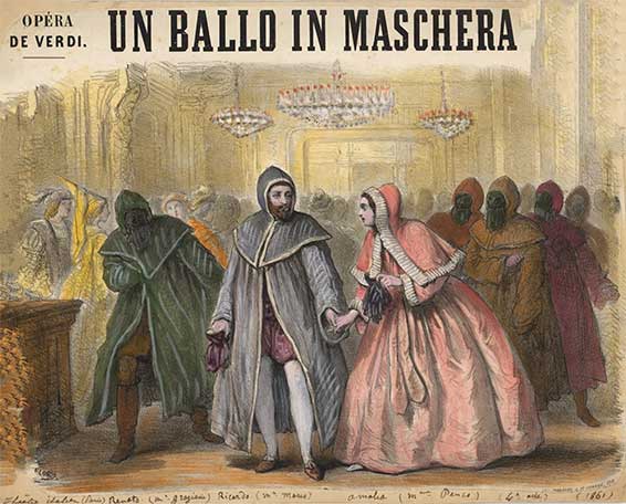 Un ballo in maschera, opéra de Verdi, illusqtration d'Henry Emy(1820-1874), Scènes théâtrales 1861.