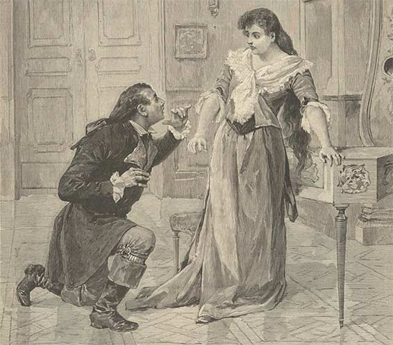 Théâtre de l'Opéra-Comique, Werther, Werther (M. Ibos), se jetant aux pieds de Charlotte (Mlle Delna), au 3e acte, dessin d'Édouard Zier, 1893.