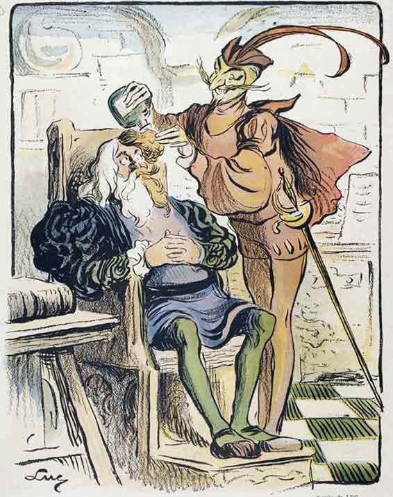 Avec c' t' eau dont tu te méfies, c' t' eau, Méphisto, t'auras toutes les jeunesses que tu voudras et tu chant'ras à l'Opéra sans que Goethe te reconnaisse. Le journal amusant, no 319, 5 août 1905, page 16.