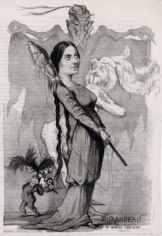 Caroline Carvalho dans le rôle de Marguerite du Faust de Gounod. Gravure à charge d'Émile Durandeau, 1860.