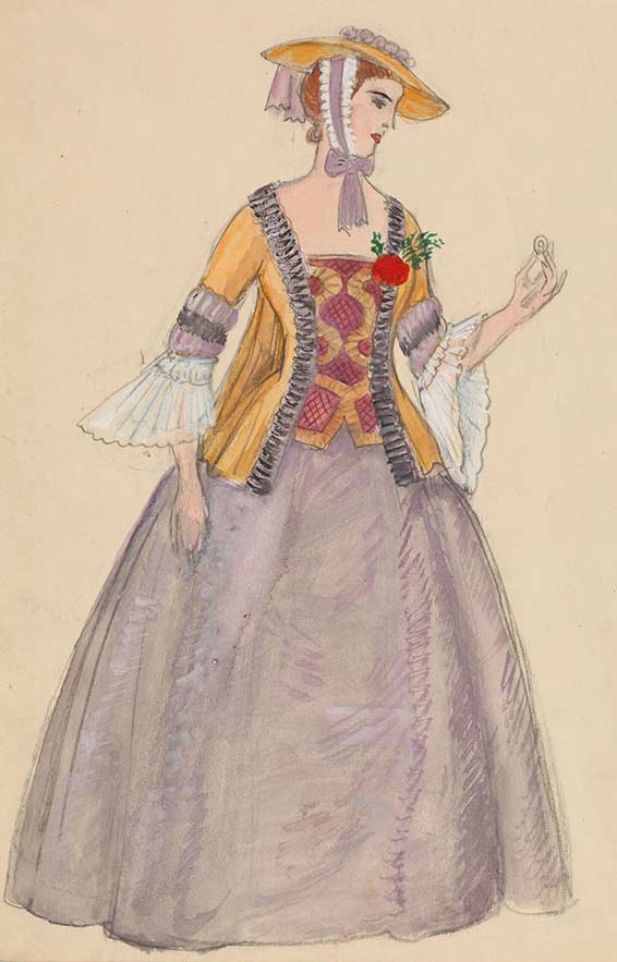 Jules Massenet, Manon, esquisse du costume du chœur féminin, par Mstislavas Dobužinskis, Théâtre national de Lituanie, première le 11 novembre 1939. Direction musicale, Vytautas Marijošius, mise en scène, Petras Oleka, décors, Mstislavas Dobužinskis, chorégraphie, Bronius Kelbauskas, chef de chœur, Julius Štarka, assistant à la mise en scène : Antanas Zauka.
