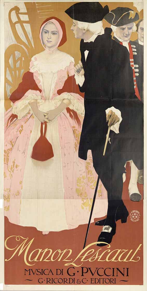 Manon Lescaut, Musica di G. Puccini, édité par l'Officina Grafiche Ricordi, Milano, après 1893, dessinateur anonyme.