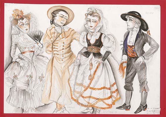 Le nozze di Figaro, Quatre personnages, dont Bartolo et Susanna (au centre), par Monika von Zallinger (crayon, auquarelle, plume), Semperoper Dresden, 20 octobre 1995.