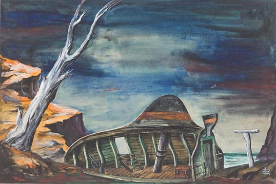 Décor de Richard Rychtari, pour la première américaine de Peter Grimes à Tanglewood, en 1946, avec William Horne dans le rôle titre; sous la direction de Leonard Bernstein.