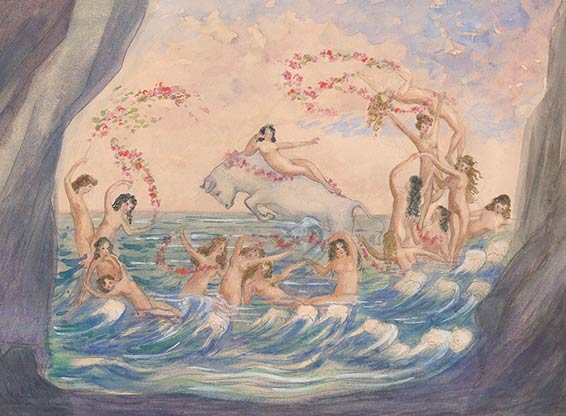 Tannhäuser und der Sängerkrieg auf Wartburg / Tannhäuser et le concours de chant de Wartburg, crayon et aquarelle, Anton Brioschi, 1909; Hof-Operntheater (Staatsoper) Wien.