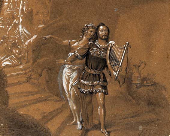 Tannhäuser im Venusberg, W. Schröder-Devrient et Josef Tichatschek lors de la première de Tannhäuser à Dresde en 1845, Dessin certaineme t de Paul Ludwig Philipp Wilhelm Tischbein, 1845.