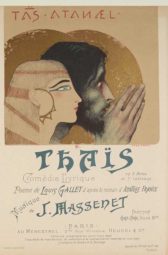 Thaïs, [couverture du livret de la comédie lyrique de Jules Massenet, estampe de Jean Veber, 1894.