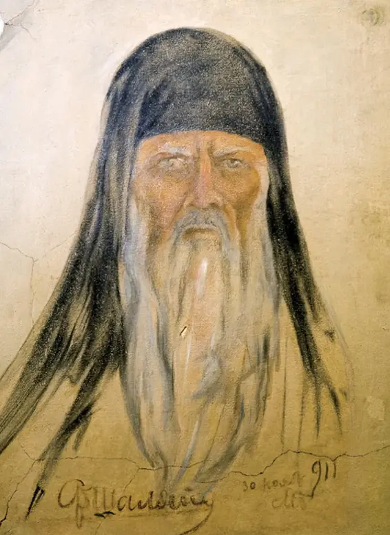 La Khovanchtchina, Fiodor Chaliapine dans le rôle de Dossifeï (Sositej), autoportrait réalisé sur le mur de la loge de l'artiste au Théâtre Mariinsky (1911).