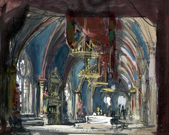 Esquisse de décor de l'acte V, tableau 2, par Philippe Chaperon (1823-1906), plume, aquarelle, gouache, collage, 1897 (BnF).