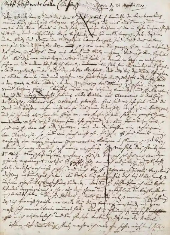 Lettre du 21 avril 1770 de Leopold mozart, adressée de Rome, à son épouse