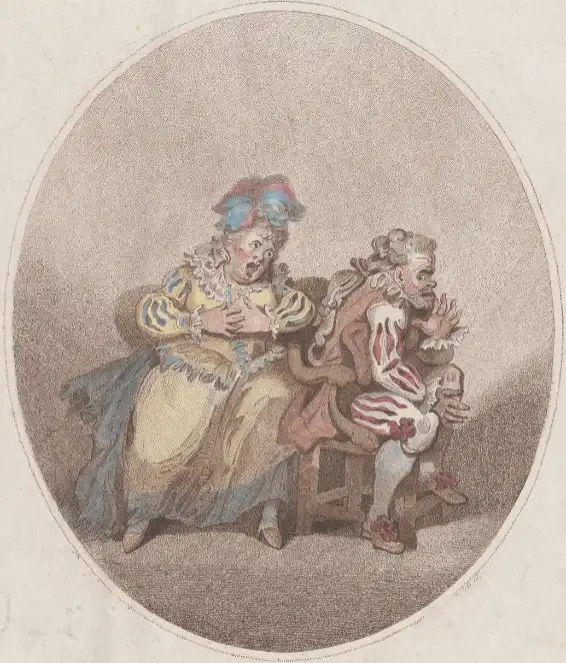 La Duègne et le petit Isaac, Scène de La Duègne avec Jane Green (la duègne) et John Quick (Isaac Mendoza), Gravure de William Paulet Carey d’après Thomas Rowlandson, 1er janvier 1784, British Museum.