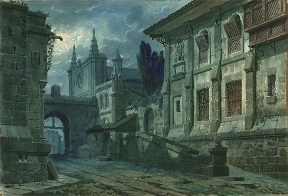 Décor pour Margarita la Tornera (Théâtre royal de  Madrid), acte I., tableau 1, le couvent, aquarelle sur carton d'Amalio Fernández García  (1859-1928), 1908