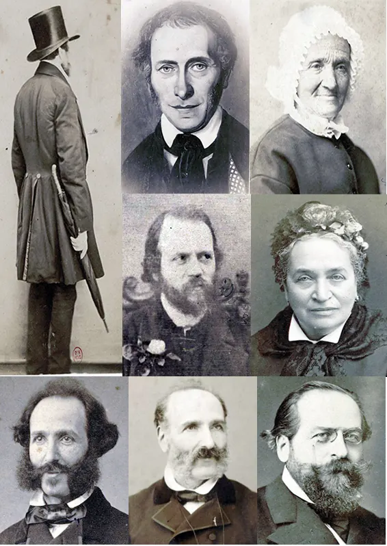 Alkan Morhange, le père, Julie Alkan, la mère, Alkan vers 1860, Céleste Alkan, la sœur, Napoléon Alkan, Napoléon Alkan en 1906, Elie Delaborde (1839-1913), le fils.