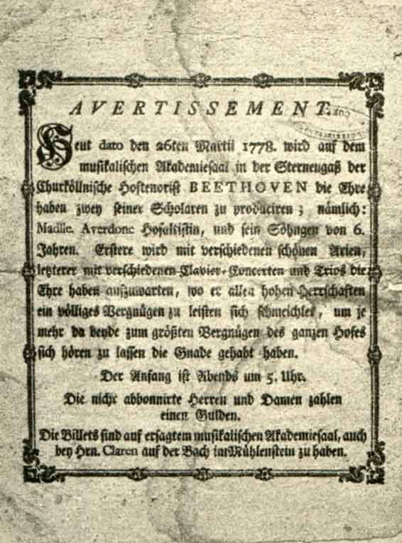 Affiche de la première apparition publique, le 26 avril 1778.