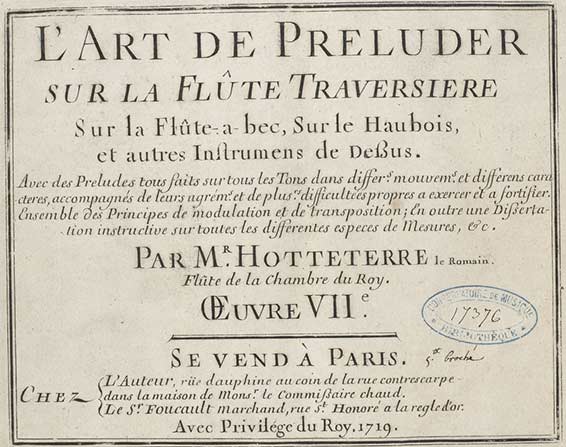 Principes de la flute traversiere, ou flute d'Allemagne : de la flute à  bec, ou flute douce, et du haut-bois, divisez en differents traitez