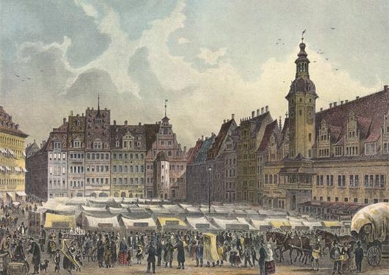 La grande place du marché de Leipzig en 1853