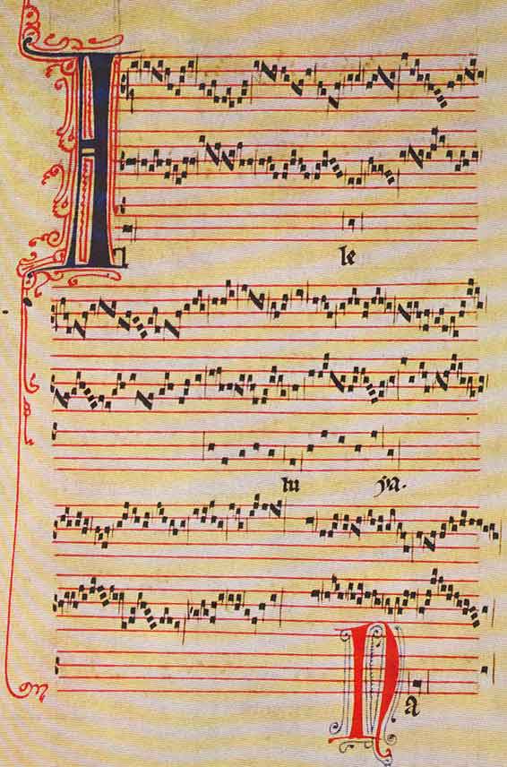 Début de l'Alleluia Natovitas de Pérotin (vers 1160-1180) : il y a des portées de 4 et de 5 lignes.