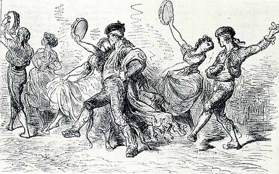 Danses espagnoles : Majos et Majas revenant de la fête du Rocio (gravure, d’après un dessin de Gustave Doré, 1855), Milan, collection Bertarelli.