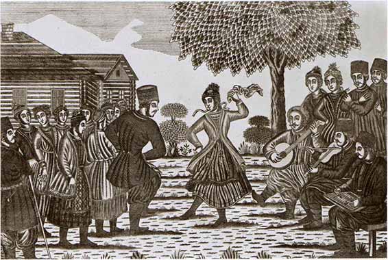 Sujets populaires de Russie, la Danse russe (gravure de 1857), Paris, Bibliothèque nationale.

