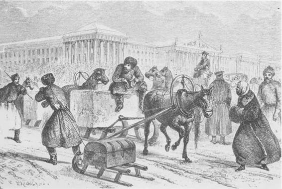 Le transport de la glace à Saint-Pétersbourg (gravure de 1877), Milan, collection Bertarelli.